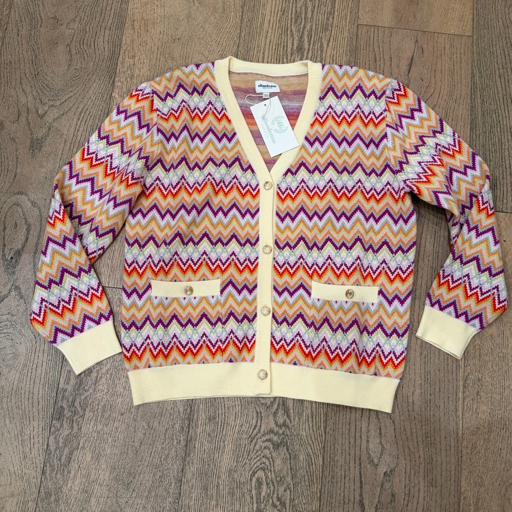 NWT Ellandemm 2XL Button Up Cardigan. Fun ZigZag Pattern, Pretty Gold Accents.